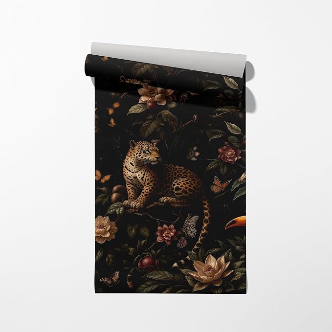 Dark Tropical Jungle Leopard Peel and Stick Wall Mural, Canvas Wallpaper | Large Removable Jungle Mural with Leopard, Toucan and Tropical Flowers for Living Room, Bedroom or Accent Wall Decor - Image 7