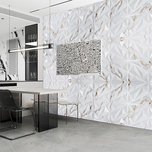 Art3dwallpanels 33 Pack 3D Wall Panel Diamond for Interior Wall Décor, PVC Textured Wall Panels, 12''x12'' Cover 32.Sq.Ft. Gold Veined White | PVC Accent Wall Panels for Interior Wall Decor, Living Room Lobby Bedroom Hotel Office - Image 9