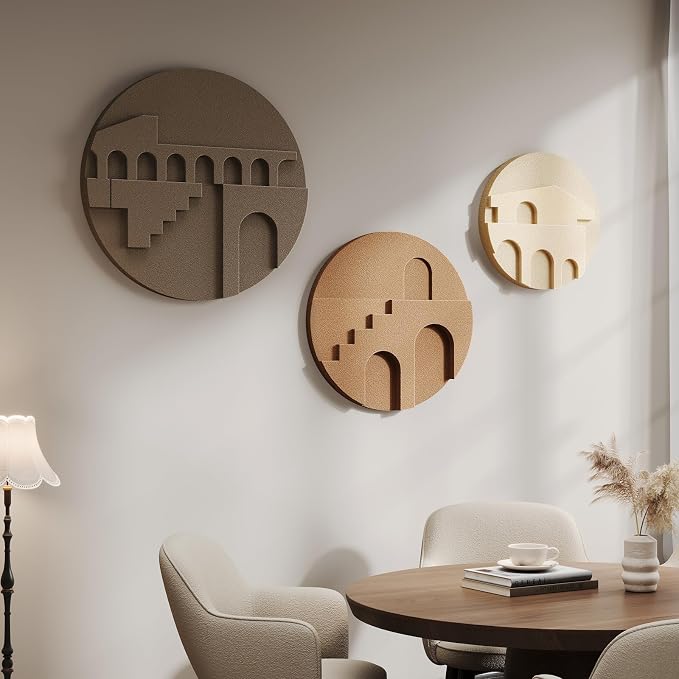 3D Textured Round Neutral Abstract Boho Wall Art for Living Room, 3 Piece | Modern Minimalist Geometric Sculpture Artwork for Walls, Bohemia Earth Tone Paintings, Bedroom Dining Room Office Wall Decor - Image 3
