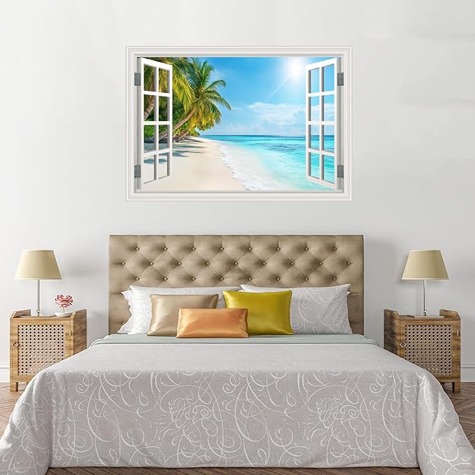 Fake Window Wall Decal- Summer Beach Ocean Tropical Coconut Tree Art Mural | Faux Window Natural Scenery Landscape Sticker｜ Stick and Peel Wall Decals｜Room Bedroom Office Decor｜48"x32",Set of 2 Sheets - Image 5