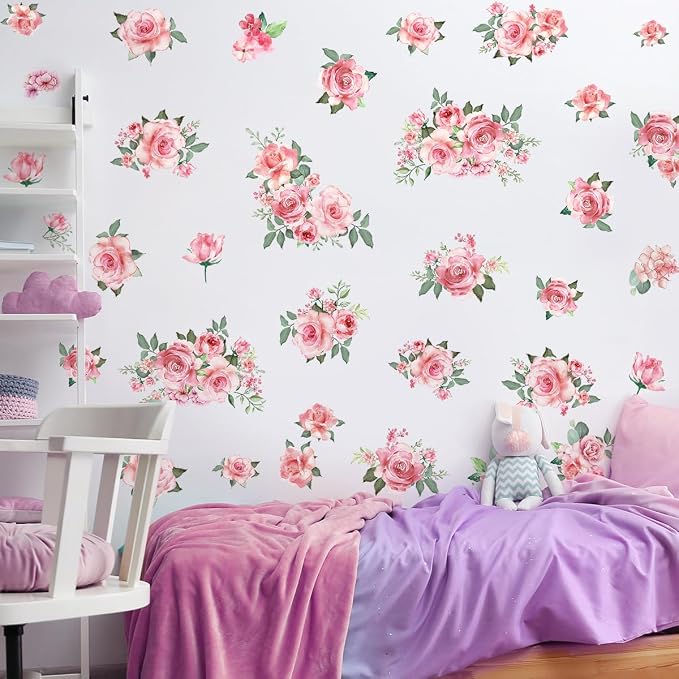 Pink Flowers & Green Leaves Wall Decals - Removable Peel & Stick Garden Floral Wall Stickers for Bedroom & Living Room - Image 7