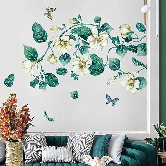 LiveGallery Removable Vinyl Fresh Green Leaf and White Flower Wall Sticker Murals Kids Girls Bedroom Nursery Rooms Wall Decals 3D Peel and Stick Decor for Home Living Room Offices Wall Corner - Image 2