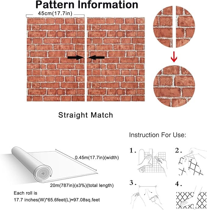 Cohoo Home Red Brick Wallpaper Peel and Stick Contact Paper Faux 787”×18” | Red Brick Contact Paper for Walls Brick Wrapping Paper Self Adhesive Removable Wallpaper Bedroom Kitchen Backsplash Fireplace - Image 3