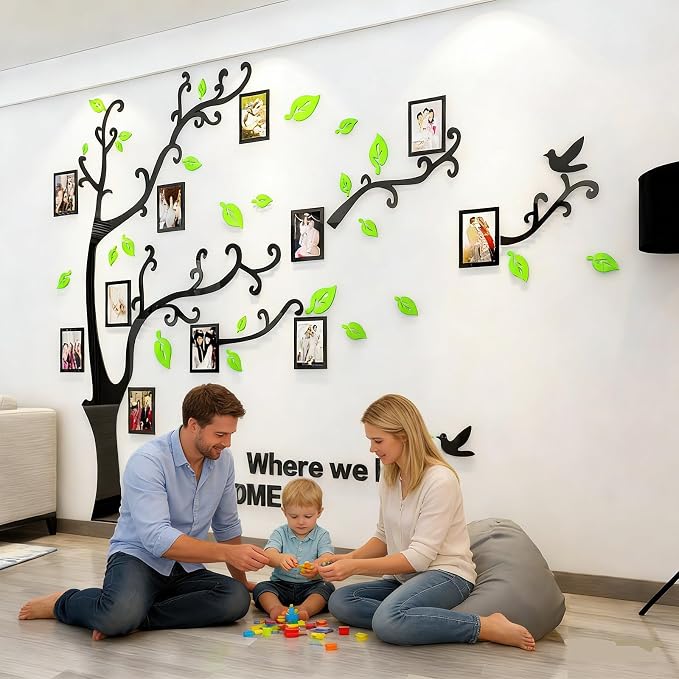 3D Tree Wall Stickers - DIY Photo Frame Tree Wall Decal Family Photo Frame Sticker Murals Wall Decor Living Room Bedroom TV Background Home Decorations (S:54 * 39in,Pale Green Right) - Image 2