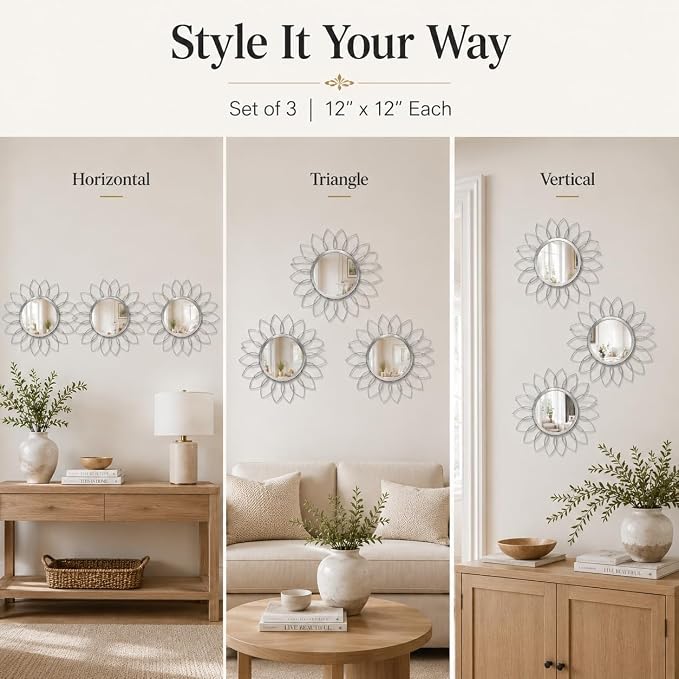 Silver Flower Mirror Set of 3, 3PCS Metal Round Decorative Wall Mirrors, Floral Petal Accent Mirror Wall Decor for Bathroom, Living Room, Bedroom & Entryway - Image 7