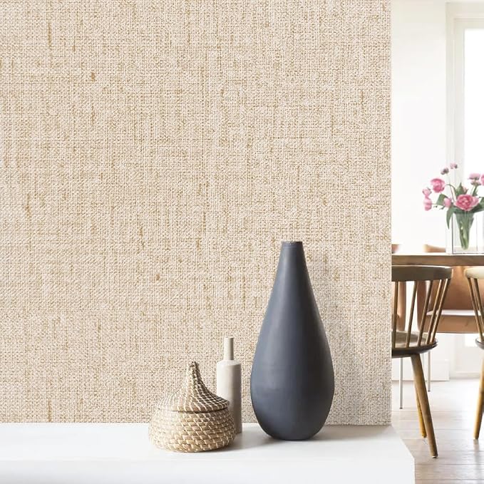 Beige Grasscloth Peel and Stick Wallpaper Textured 15.7in x 196.8in | Faux Linen Wallpaper Peel and Stick Vintage Grasscloth Contact Paper Self Adhesive Removable Contact Paper for Bedroom Vinyl - Image 3