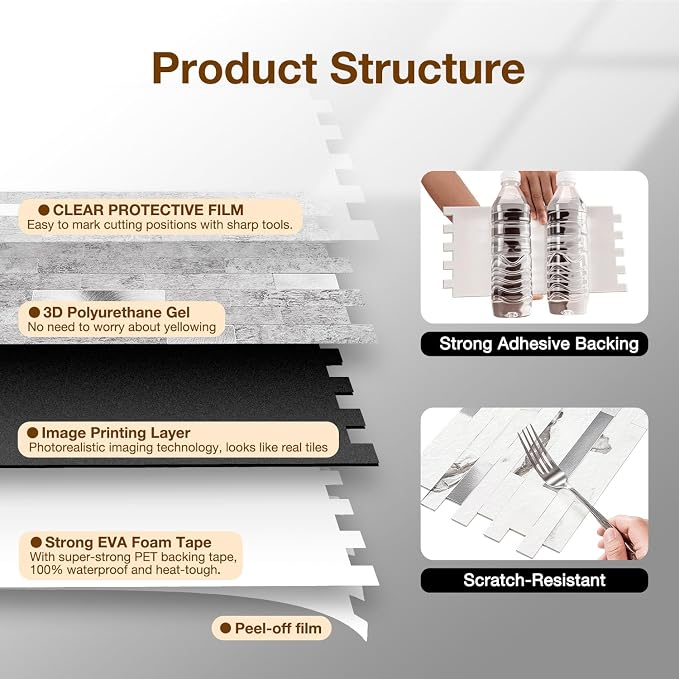 Peel and Stick Backsplash Tile Waterproof Removable PVC Wall Sticker 3D Faux Stone Marble Brick White Accent Panels (Matte Gray Stone - Metal Silver, 20 Tiles - 9 sq. ft. (0.84 M²)) - Image 6