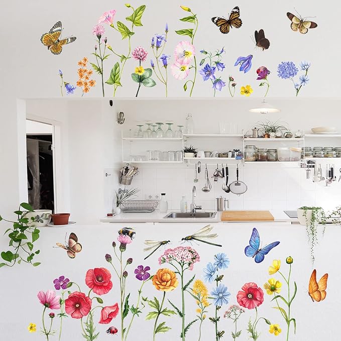 6 Pieces Flowers Wall Decals Vinyl Flowers Wall Stickers Removable Floral Murals Peel and Stick Colorful Flower Decor for Girls Bedroom Living Room Nursery (Butterfly and Dragonfly) - Image 4