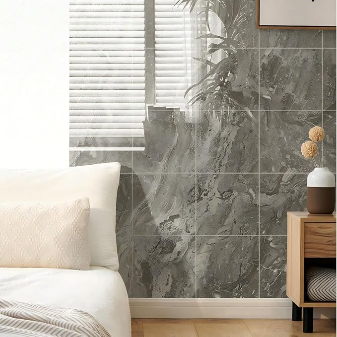 Chejiaye 22pcs Marble Peel and Stick Backsplash Waterproof Washroom Wall Panels, Peel and Stick Tile, PVC Foam Wall Panels for Kitchen,Bathroom,Living Room,Grey (Not Real Tile,11.8" x 11.8") - Image 3
