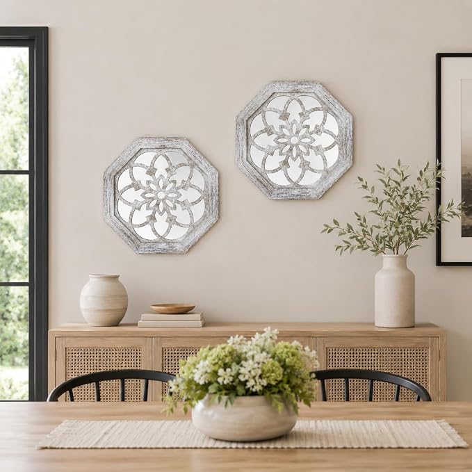 2 Pack 12 Inch Octagon Grey Rustic Wood Frame Acrylic Wall Mirrors, Farmhouse Boho Wall Art Decor for Living Room, Bedroom, Hallway, Entryway, Bathroom & Office - Image 2