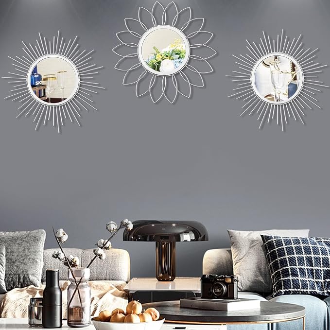 3 Pack Metal Mirrors for Wall Sunburst Wall Mirrors Home Décor Decorative Hanging Wall Art for Living Room Bedroom Entryway (Silver, Flower+Sunburst) - Image 2