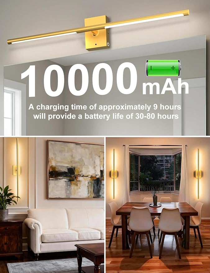 Battery Operated Wall Sconces Set of 2, Wireless Rechargeable Wall Lights | 10000mAh, Remote Control, 4CCT Dimmable, 360° Rotation, Modern Home Decor for Living Room, Bedroom, Picture Lighting, Gold - Image 6