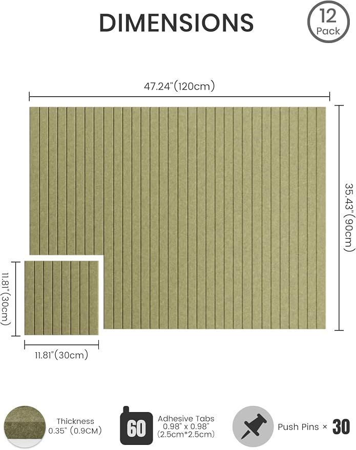 Bumusty 48"x 36" Large Felt Bulletin Board Tiles, Olive Green | 12-Pack Cork Board Alternative, Wall Decor, 30 Pushpins, 60 Adhesive Tabs, Vision Board, Office, Classroom, Home, Dorm - Image 2