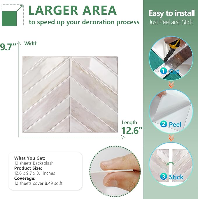 STICKGOO Herringbone Peel and Stick Backsplash, Eurasian Wood, 10 Sheets | 12.6 x 9.7 in, Thicker Rectangular Vinyl Stick-On Wall Tiles, Easy Alignment, Waterproof, Easy to Clean, Kitchen/Bathroom - Image 6