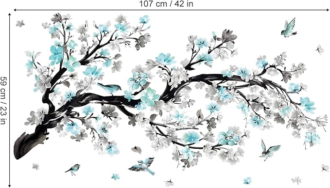 wondever Blue Flower Branch Wall Decals Blossom Tree Birds Wall Stickers | Peel and Stick, Removable, Wall Art Decals, Wall Decoration, Living Room Bedroom, Office Sofa TV Home Wall Decor - Image 4