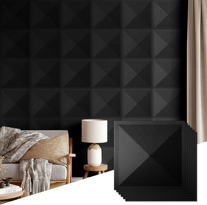 12 Pack 3D Wall Panels for Interior Wall Decor, Accent Wall Panels for Office Living Room Bedroom Hotel Lobby, 12''x12'' PVC Pyramid Wallpapers Cover 12.Sq.Ft（Black） by Unknown