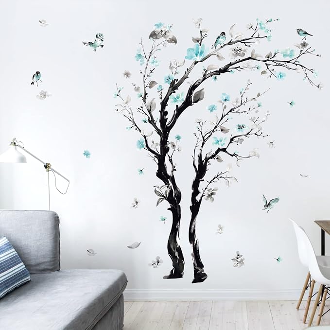 decalmile Blue Flower Tree Blossom Floral Sofa TV Wall Decals Stickers (XL) - Image 3