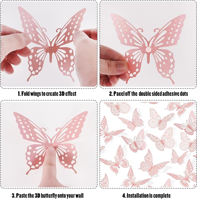 SAOROPEB 3D Butterfly Wall Decor 48 Pcs Pink Butterfly Decorations | 4 Styles 3 Sizes, Birthday Decorations Pink Room Decor Butterfly Party Decorations Cake Decorations, Removable Wall Stickers - Image 6