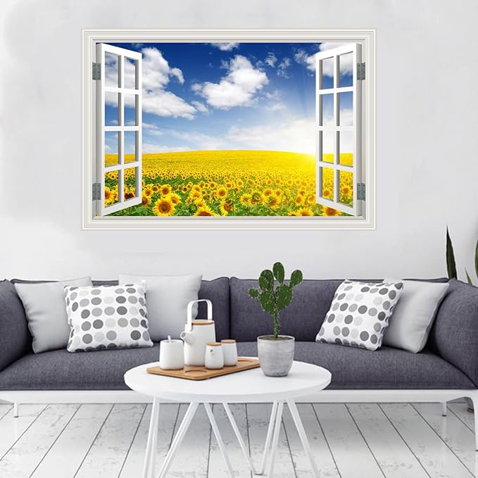 Fake Window Wall Mural Sticker -Summer Sunrise Green Grassland Flower Decal | Faux Window Natural Scenery Landscape Decorations｜Stick and Peel Wall Decals｜Room Bedroom Office Decor｜48"x32"Set of 2 Sheets - Image 8