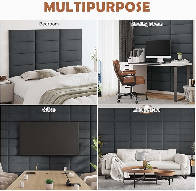 IFNOW Wall Mounted Headboard, Peel and Stick Panels, Black, Queen | 3D Soundproof Acoustic Padding, Reusable and Removable, Tufted fabric Bed Headboard, for bedroom (9 Panels, 10" x 24") - Image 6