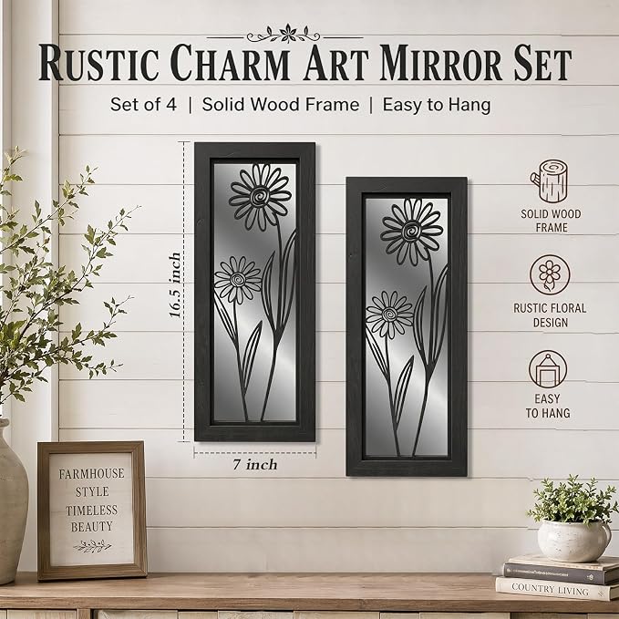 4 Set Farmhouse Mirrors for Wall Decor Living Room Bedroom Bathroom Entryway Wood Rustic Decorative Framed Hanging Wall-Mounted Accent Mirror Mounted Style - Distressed Black 16.5 in - Image 4