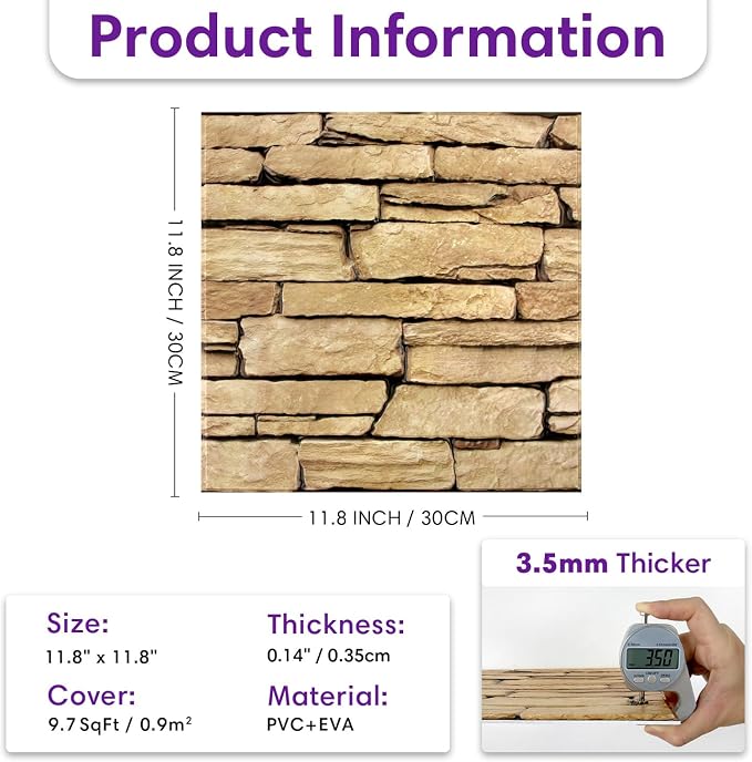 3D Peel and Stick Faux Stone Wall Panels 11.8" x 11.8" 10-Pack | Earthy Yellow, Stone-Look Textured Sticker, Thin Lightweight PVC Self Adhesive Wall Tiles for Interior Decor, Cover 9.7 sq ft - Image 3
