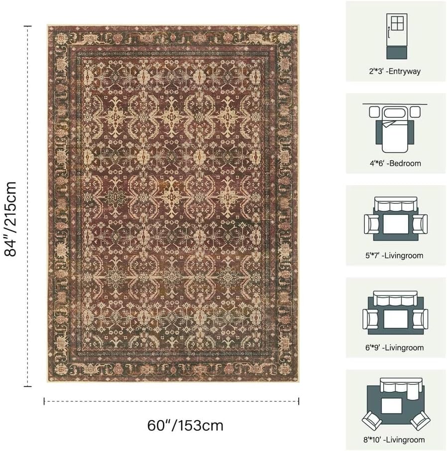 Rugxara Red Area Rugs 5x7 Washable Oriental Rug for Living Room Bedroom - Image 2