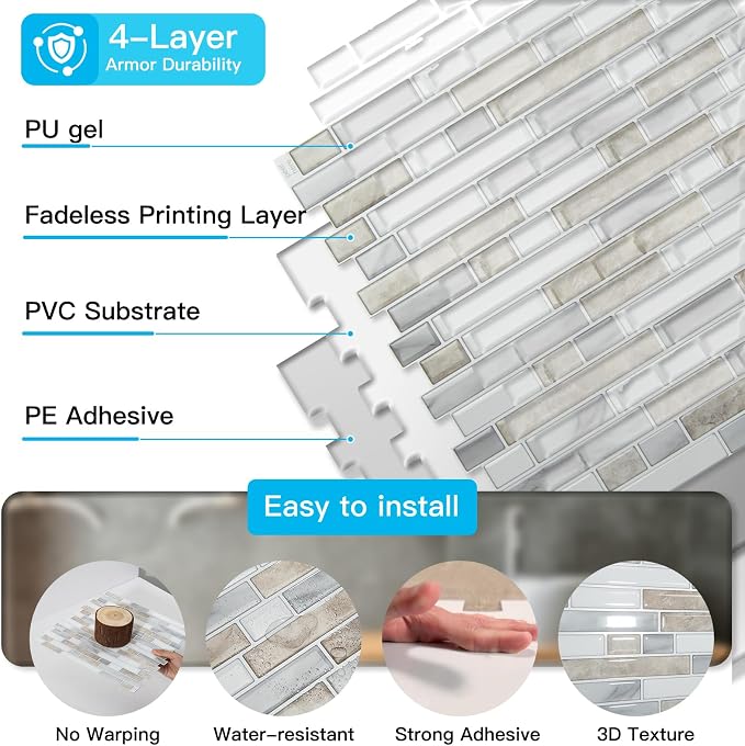 Art3d Linear Design Tile Peel and Stick Backsplash, 10-Sheet, Beige & White | 12 x 12 Inch, Enhanced Thickness, Warp Resistant, Strong Adhesion, Sturdy, for Kitchen, Bedroom, Ideal for Home Improvement - Image 7