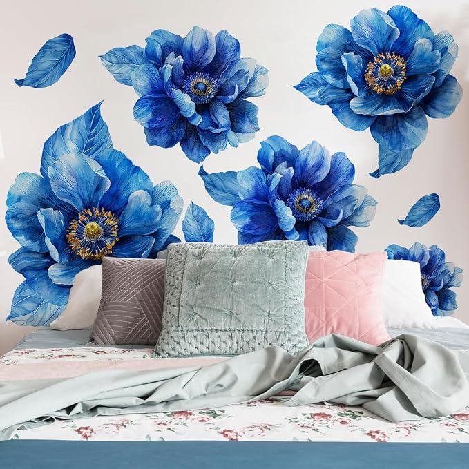 Runtoo Large Peony Flower Wall Art Decals 3D Boho Fabric Blue Floral Wall Mural Stickers for Girls Bedroom Living Room Office Home Backdrop Decor - Image 3