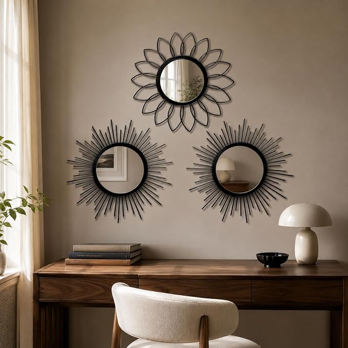 Black Sunburst Mirror 14x14 Inch, Decorative Wall Accent with Metal Frame, Small Sun Mirror for Living Room, Bedroom, Entryway, Hallway, Boho Modern Home Decor - Image 6