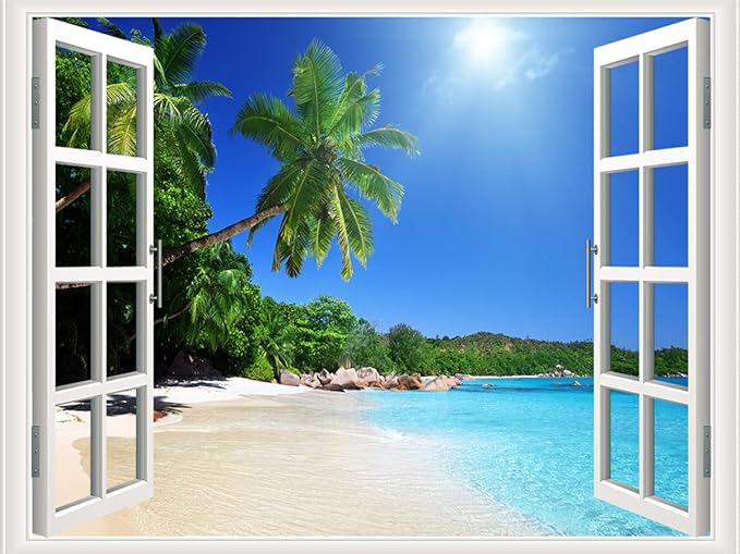 Self-Adhesive Wall Sticker Romantic Living Room Bedroom Study Office Decorative Wall Sticker Ocean Scenery Fake Window Sticker Mural (Palm Beach, 32"×48") by THNWSY