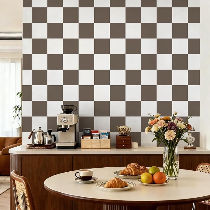 Ismoon Plaid Peel and Stick Wallpaper Vintage Brown Contact Paper 17.3"x78.7" Neutral Mosaic Checkered Wallpaper Stick on Removable Wall Paper for Cabeints Bedroom Kitchen Renter Friendly Vinyl - Image 5