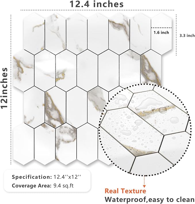 Vamos Tile Long Hexagon Peel and Stick Backsplash Tile - 10 Sheets Stick on Backsplash for Kitchen and Bathroom 12.4 x 12 Inch Glossy White Marble with Gold Veining PVC Self Adhesive Mosaic Wall Tiles - Image 6