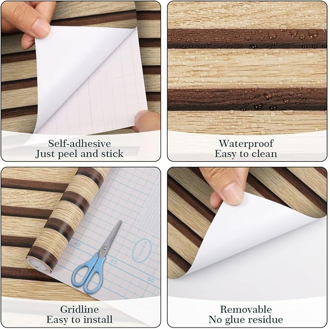 Arthome 17''x120'' Wood Slat Wallpaper Peel and Stick self Adhesive Wood Wallpaper PVC Vinyl Decorative Removable Wallpaper Waterproof Faux Wood Grating Stripe Contact Paper for Living Room Bedroom - Image 6