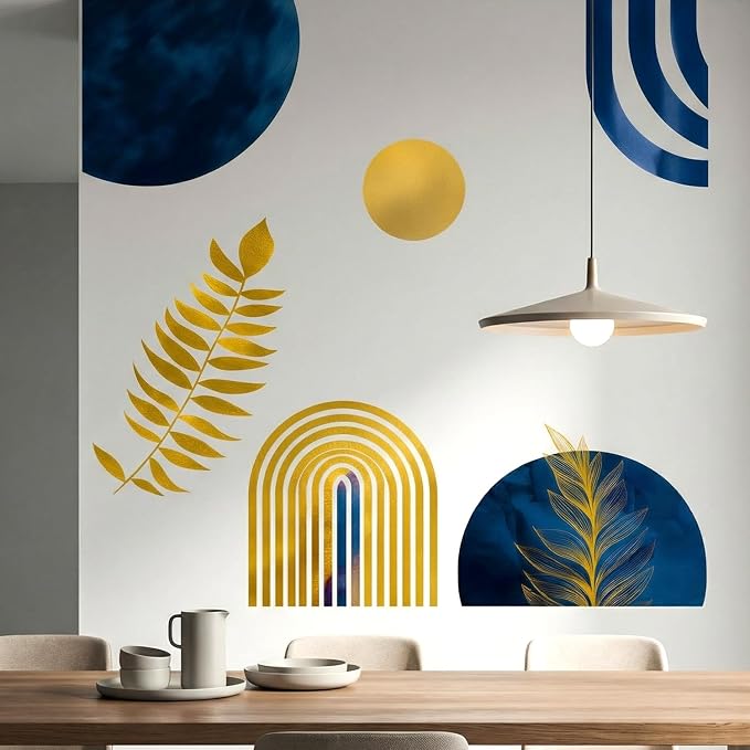 Boho Mid-Centry Morden Abstract Arch Palm Leaf Geometric Wall Decals Decor | Luxury navy blue gold abstract palm leaves botanical circle removable vinyl wall stickers mural for living room bedroom - Image 6
