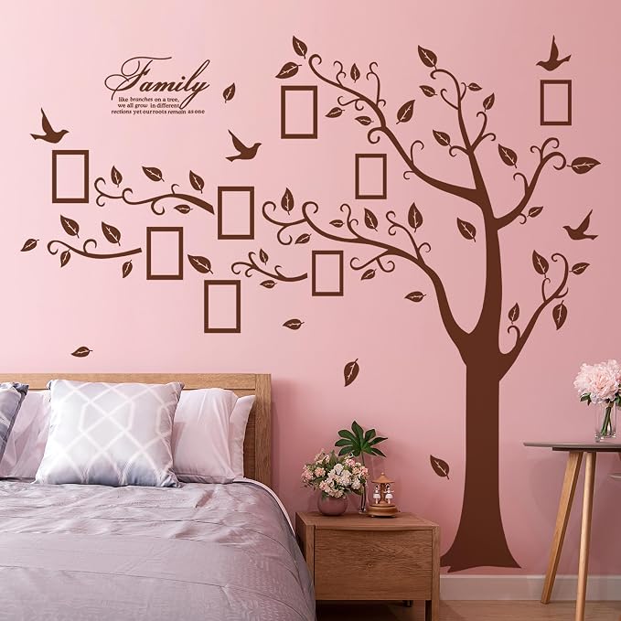 Large Family Photo Tree Wall Sticker 3D Peel and Stick Vinyl Photo Frame Tree Wall Decals Removable Quotes Leaf and Birds Wall Decor for Home Kids Bedroom Living Room Classroom Nursery (Left, Brown) - Image 7