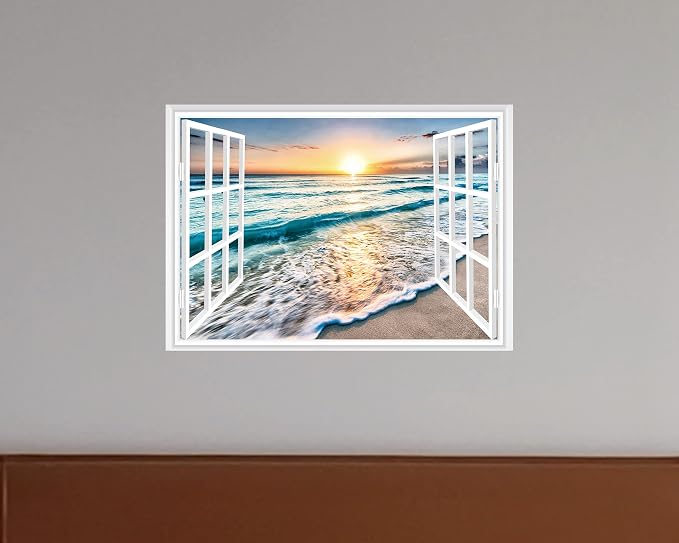 FLFK Fake Window Wall Sticker - Sunset Beach Faux Window Wall Mural for Wall Decor, Stick and Peel Wall Decals,16"x24" - Image 5