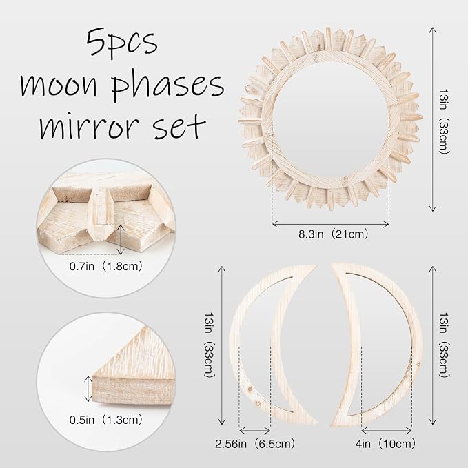 WAKOSAN Moon Phase Wall Mirror Set, 5PCS Wooden and Real Glass Mirrors - Image 2