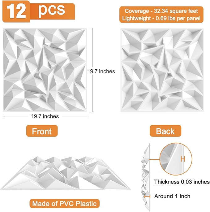 TroyStudio Acoustic Sound Diffuser Panels, 19.7 X 19.7 X 1 inches 12 Pcs White PVC Plastic 3D Wall Panel, Recording Studio Acoustical Treatment Diffusion panel, Art Decorative Ceiling Tiles - Image 2