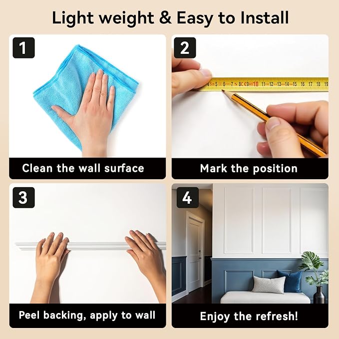 Upick Peel and Stick Wainscoting Pre-Cut Wall Molding Kit, 24"x54", 6-Frame | PS Panels,Moisture Resistant,Pre-Primed,DIY Installation,Accent Walls,Living Room,Hallway,Bathroom,Trim for Walls - Image 8
