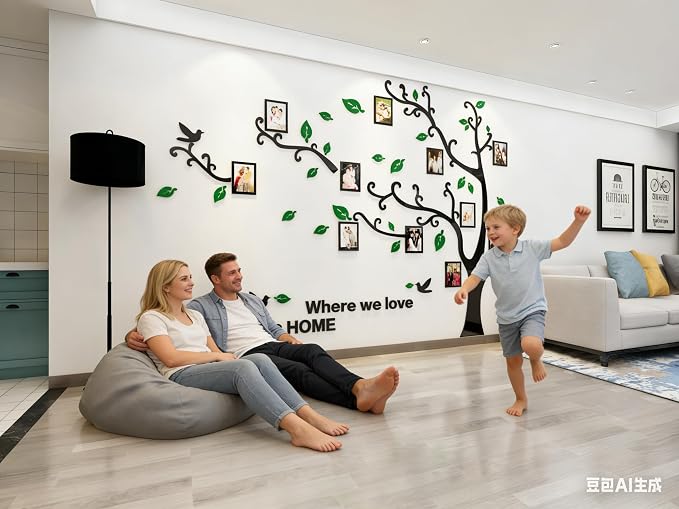 3D Tree Wall Stickers - DIY Photo Frame Tree Wall Decal Family Photo Frame Sticker Murals Wall Decor Living Room Bedroom TV Background Home Decorations (M:83 * 59in,Green Left) - Image 2