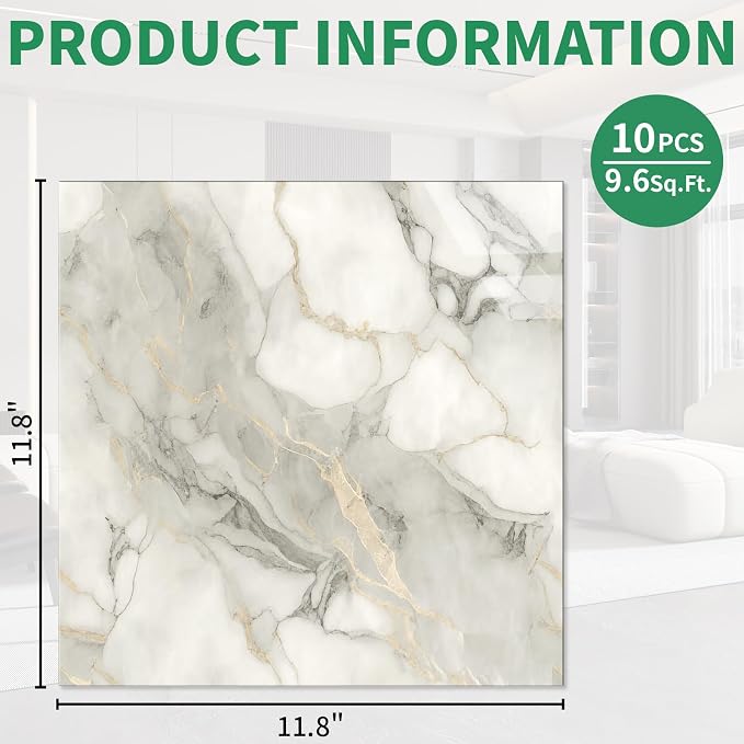 10pcs Marble Peel and Stick Backsplash Wall Tiles, Waterproof Shower Wall Panels, 11.8"x11.8" Peel and Stick Tile for Home Bathroom, Kitchen, Washroom, Living Room, White and Gold (Not Real Tile) - Image 2
