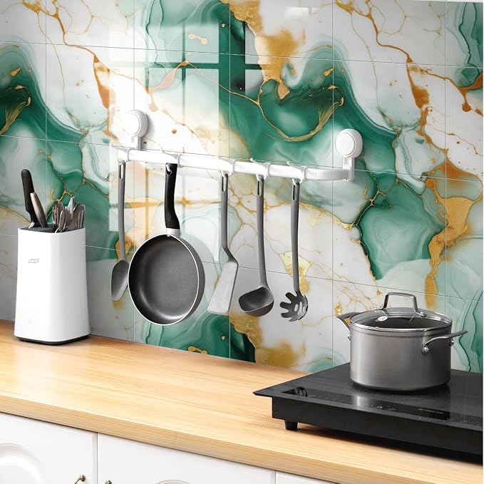 Chejiaye 10pcs Marble Peel and Stick Backsplash Waterproof Washroom Wall Panels, Peel and Stick Tile, PVC Foam Wall Panels for Kitchen,Bathroom,Living Room,Green and Gold(Not Real Tile,11.8" x 11.8") - Image 3