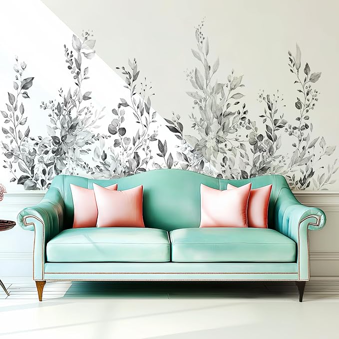 Gray Plants Leaves Wall Decals Peel and Stick, Large Floral Flowers Vinyl Wall Stickers, Removable Vine Home Decor Art for Bedroom Living Room Classroom Office - Image 3