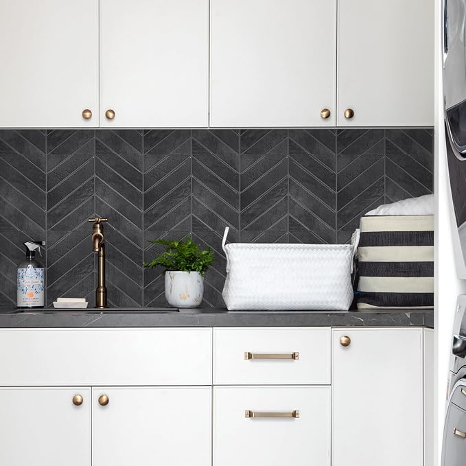 STICKGOO Herringbone Peel and Stick Backsplash, Shiny Black, 10 Sheets | 12.6 x 9.7 in, Thicker Rectangular Vinyl Stick-On Wall Tiles, Easy Alignment, Waterproof, Easy to Clean, Kitchen/Bathroom - Image 5