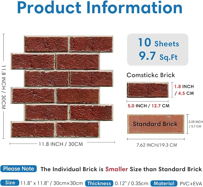 COMSTICKC 3D Peel and Stick Faux Brick Wall Panels for Quick DIY Wall Decor | 10 Pcs 11.8" x 11.8", Not Real Brick, Small Size, Ultra-Light Thin PVC 3D Fake Brick Sticker Wallpaper for DIY Interior Decor - Image 4