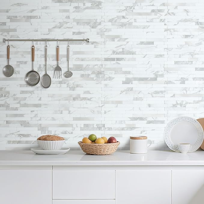 AULIGET 20 Sheets White Stone Peel and Stick Backsplash, PVC Mixed Metal Silver Wall Tile Stick on Backsplash for Kitchen and Bathroom - Image 6