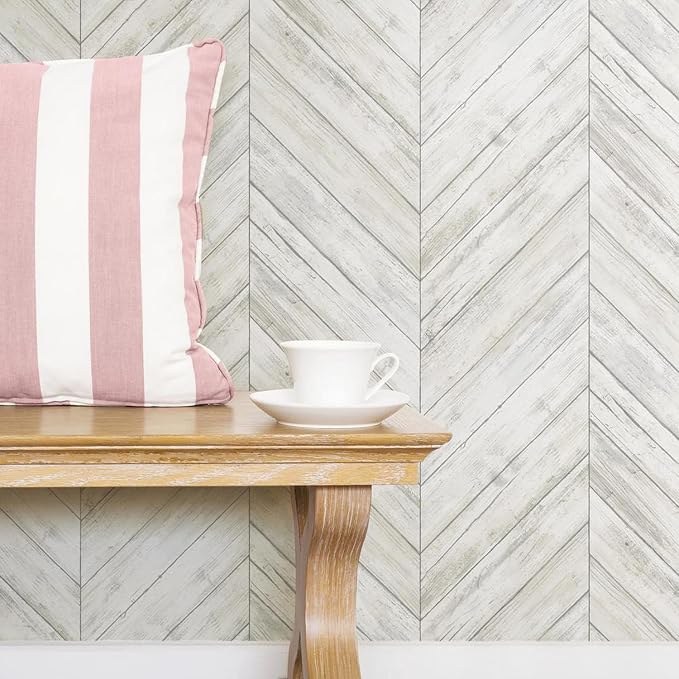 RoomMates White Herringbone Wood Boards Peel and Stick Wallpaper, 20.5 in x 16.5 ft, Vinyl, White/Tan, Removable, No Sticky Residue, For Renters and Homeowners - Image 2