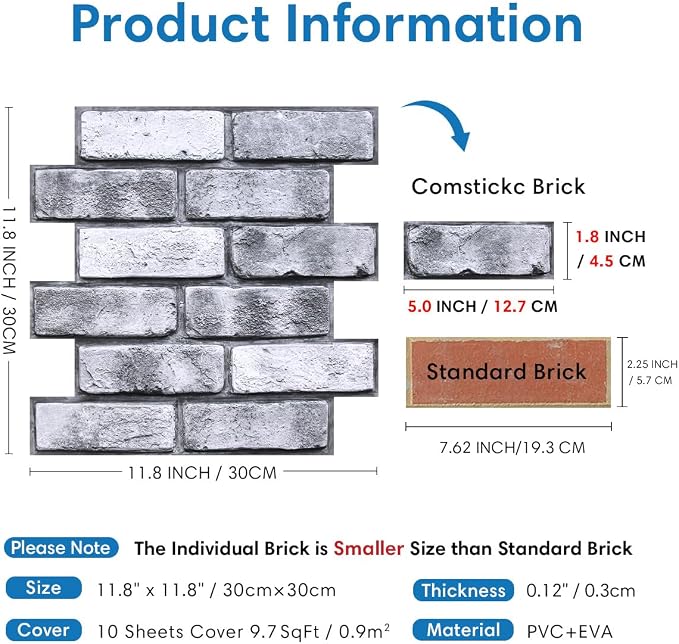 COMSTICKC 3D Faux Brick Wall Panels Peel and Stick, 10 Pcs 11.8" x 11.8" | Gray, Not Real Brick, PVC Brick Sticker Decorative Wall Covering Wallpaper for Quick DIY Wall Upgrades, Cover 9.7 sq ft - Image 4