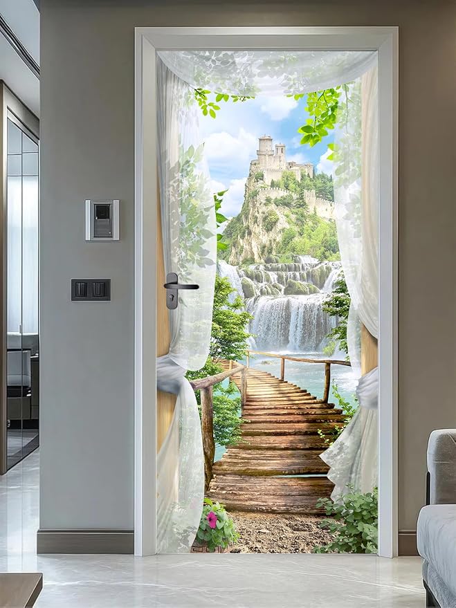 artfanke 3D Door Sticker Peel and Stick 33.5"x84.6"- View of The Castle Self-Adhesive Door Decal Murals Wallpaper for Home Decor(2 Sheets/Set) - Image 3